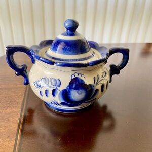 Russian Gzhel Blue & White Porcelain Sugar Bowl with Lid Handmade in USSR